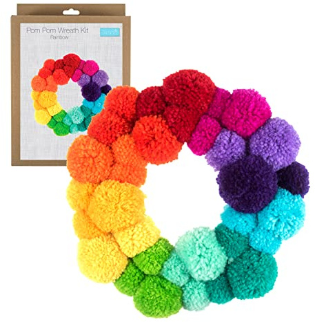 Trimits Pom Pom Wreath Kit, Make Your Own Front Door Garland with Yarn, Needle & Instructions - Rainbow