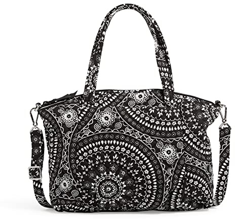 Vera Bradley Damen Cotton Pleated Multi-Strap Shoulder Satchel Purse Handtasche, Schwarzes Bandana-Medaillon