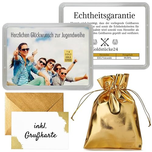 Goldstücke24 - Geschenk zur Jugendweihe - 1g Goldbarren in Motivbox - Tolle Geschenkidee - Echtheitsgarantie