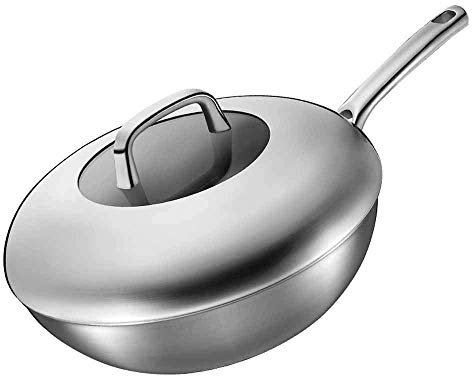 ZAANU Wok, Wok de Acero Inoxidable Compuesto de Tres Capas, Cocina de inducción sin Recubrimiento para el hogar, Olla de Cocina Universal de 32 cm