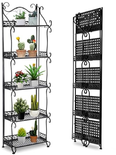 BTGGG Outdoor 5 Tier Foldable Metal Plant Stand - Black Plant Pot Stand for Garden, Balcony, Patio