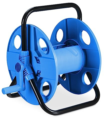 Relaxdays Schlauchtrommel, für 30 m 1/2 Schlauch, Stahl, Kunststoff, Schlauchhalter, HBT: 38 x 42 x 31 cm, schwarz/blau