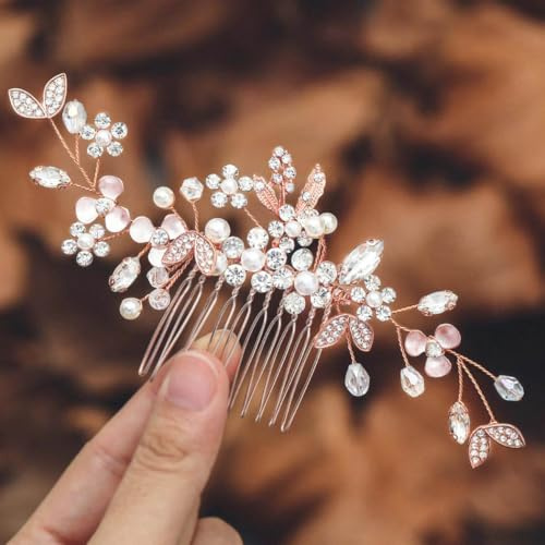 Ushiny Kristall Braut Hochzeit Haarkamm Roségold Kopfschmuck Perlen Haarspangen Blatt Braut Haarschmuck für Frauen und Mädchen