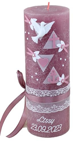 Cerziies® Taufkerze Rustik LISSY Junge oder Mädchen mit Name und Datum, individuell und handverziert 2157