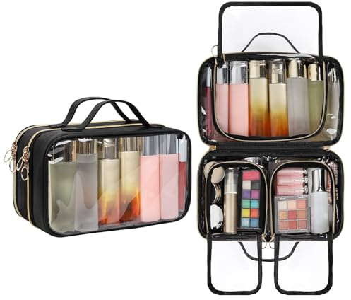 OCHEAL Travel Toiletry Bag, Double Layer Clear Makeup Bag Organizer Large Capacity Cosmetic Bag for Traveling Women Beauty Essentials, Multiple Compartments Makeup Case- Black