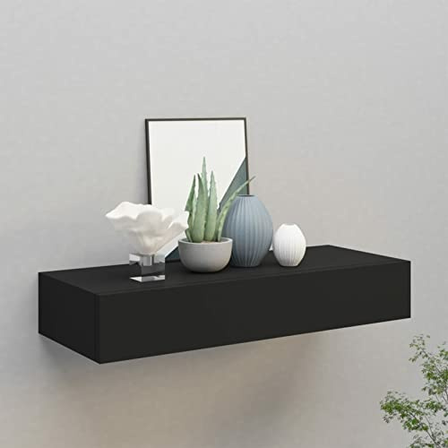 Homgoday Wandregal mit Schublade Schubladenregal Wandschublade Hängeregal Wandschrank Wandboard Schweberegal mit Schubladen für Schlafzimmer Wohnzimmer Büro Schwarz 60x23,5x10 cm MDF
