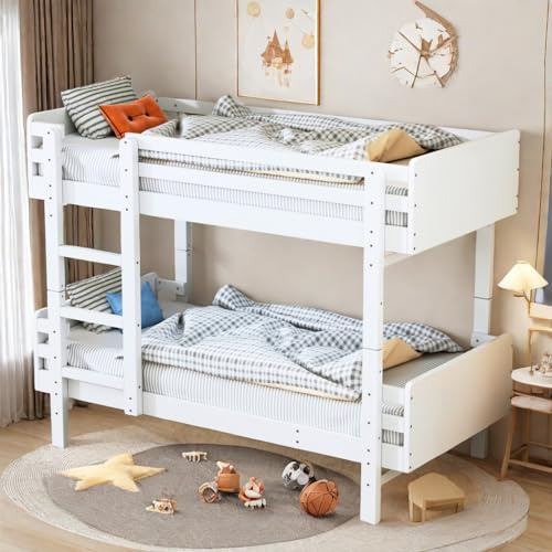 Barrera Seguridad niños Cama Litera Infantil Cama litera Matrimonio,protección contra caídas, Marco de Cama de Madera Maciza, Convertible en Dos Camas de Plataforma, Blanco