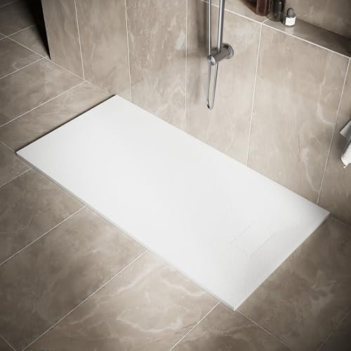 SIRHONA Receveur de Douche, 160 x 80 cm Bac à Douche Antidérapant, Rectangle Blanc, Matériau en Résine SMC, avec siphon