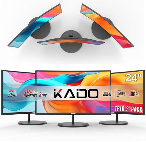 Kado Triple Monitor Setup - 3-Pack 24 1920x1080 Curved Computer Monitor 1500R 75Hz VESA Mount HDMI Office Gaming Hybrid Sim Racing Built-in Speakers (C24 Trio Series)