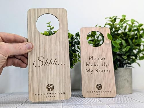 Personalised Wooden Door Hanger – Shhh... and Please Make Up My Room, Custom Logo Option, Eco-Friendly Hotel & BnB Bedroom Sign