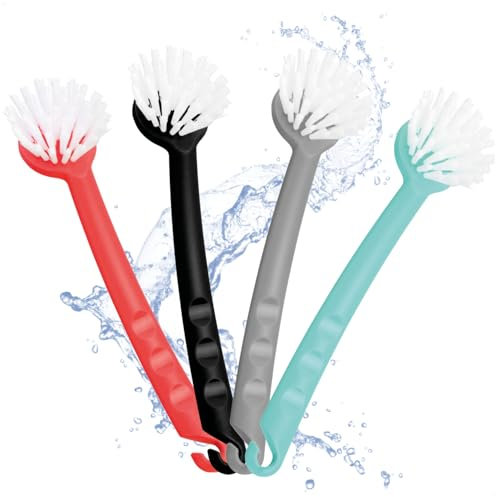 com-four® 4x Spazzola per piatti – Spazzola da cucina per lavare – Setole in nylon – In plastica – Circa 26 cm (4 pezzi - rosso/turchese/grigio/nero)