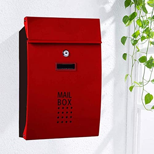 Wall-Mount Mailbox Classic Postbox Letterbox Mailbox Wall Mounted Lockable Post Mail Letter Box Galvanized Steel Waterproof Parcel Drop Box for Houses Front Door Office-Red
