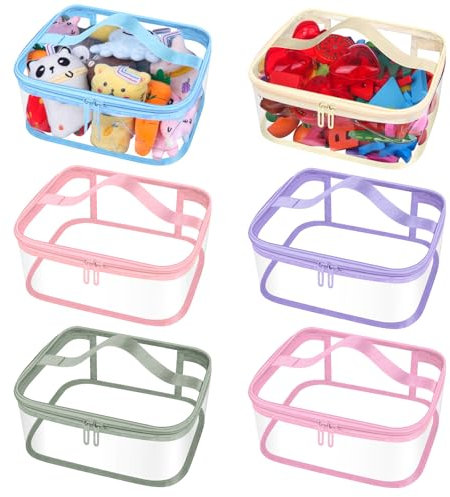 CNSJ 6 Pcs Clear PVC Toy Storage Bags with Handles 9.1x6.7x3.9 Inch Travel Toiletry Bags Waterproof Toy Storage Organizer Pouch with Zipper for Building Blocks Puzzle (6 Colors)