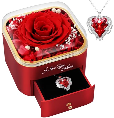 FRFG Rosa Eterna con Collar Corazón, Rosas Preservadas con Joyas, Mujer, Idea de Regalo para Esposa y Mamá con Joyas, Día de la Madre, Navidad (Rojo)