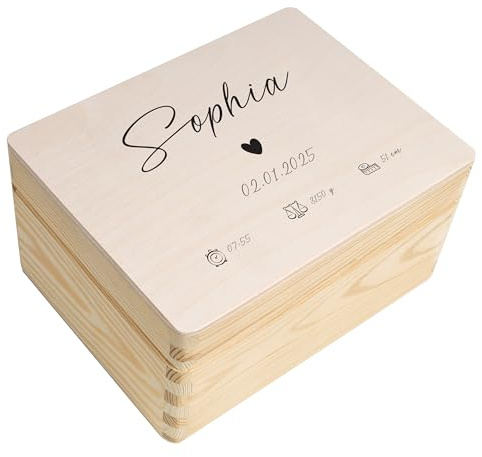 Creative Deco Erinnerungsbox Baby Personalisiert Herz mit Namen | 19,5 x 15 x 10 cm | Individuelle Erinnerungskiste Geschenk zur Geburt für Mädchen und Jungen | Holzkiste mit Deckel Farbdruck