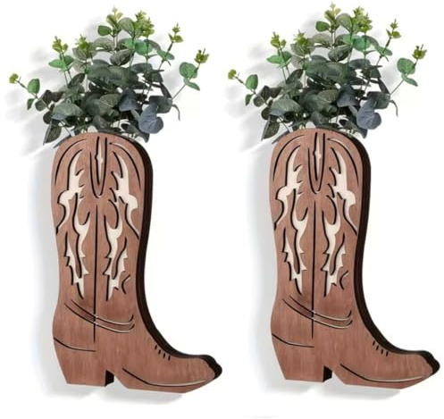Qxiao 2PCS Wood Cowboy Boot Vase for Bouquets Wall Planter Hanging Pocket Flower Vases for Indoor Plants Western Wall Decor Cowboy Boot Tables Centerpieces for Living Room Bathroom, Bedroom, Kitchen