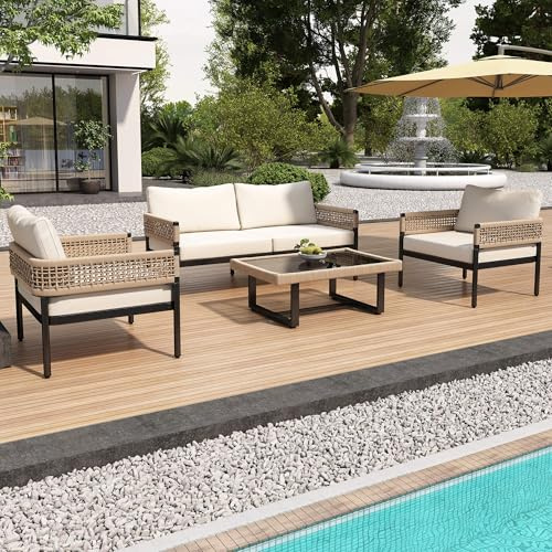 DRIXNO Garten-Lounge-Set mit verzinktem Eisenrahmen, Gartenmöbel-Set aus Seil, beiges Seil, verstellbare Füße, Glatte Glastischplatte, 4er-Set, inklusive Aller Sitz- und Rückenkissen