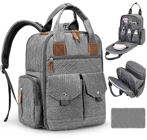 JSTPRO Wickeltasche Rucksack mit Wickelunterlage, grau dunkel, Large, Lässiger Wickelrucksack