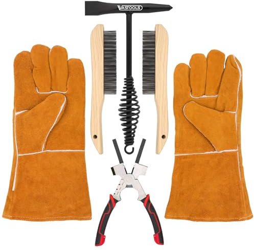 VASTOOLS Welding Accessories,5pc,Chipping Hammer 10.5, Leather Welding Gloves 13.5,6-in-1 Welpers Pliers 8,Wire Brush 10