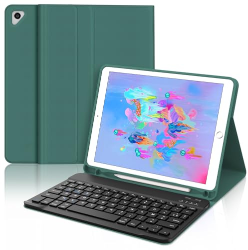 Coque Clavier pour iPad 6e/5e Génération 9.7 Pouces, AZERTY Français Housse Clavier Bluetooth Magnétique Détachable avec Porte Crayon pour iPad 2018/2017 9.7, Air 2/1, Pro 9.7 2016, Vert Foncé