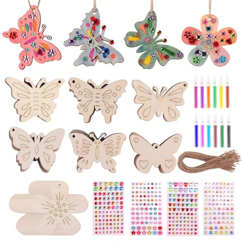 46 Piezas Madera Manualidades Niños Figuras para Pintar Maderas Kit 4 5 6 8 7 Años Niñas Material Niña Set Flores Mariposas de Madera con Pegatinas y Pinceles Juego Wood Colorear Artesanías Infantil