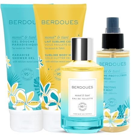 BERDOUES - Brume parfumée protectrice cheveux 100 ml + Eau de toilette Monoï Tiaré 100ml + Gel douche 200 ml + Lait corps pailleté 200ml. Parfum femme, 95% d'origine naturelle. Vegan, Made in France.