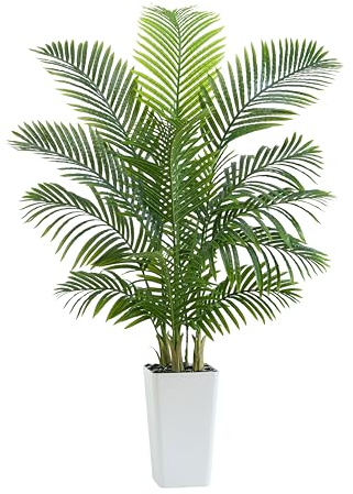 TNGGNT Artificial Palm Tree：5FT Tropical Fake Silk Plant UV Resistant Faux Areca Palm with White Planter & Black Pebbles for Home Office Living Room Decor Indoor Patio Porch Balcony (5FT,1-Pack,White)