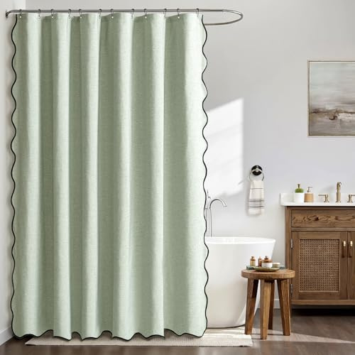 MIULEE Tenda doccia in Lino Ondulato Antimuffa 1 Pannelli 180x200 cm Verde | Tende da Doccia Impermeabili per Hotel di Lusso, Tenda da Bagno in Tessuto Lavabile Antimuffa con 12 Ganci in Metallo