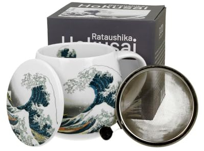 Duo Tasse à thé avec passoire et couvercle inspiré par K. Hokusai The Great Wave - 0,43 l - Porcelaine New Bone China