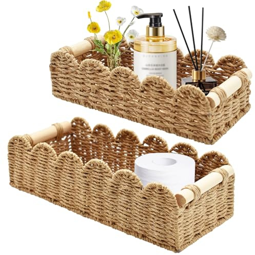 Yiomxhi 2 Pezzi Cestini Portaoggetti Cesto Vimini, Cestino Porta Carta Igienica Intrecciata con Manici in Legno, Scatola Contenitore Organizer Decorazioni per Cucina Bagno Ufficio Scaffale