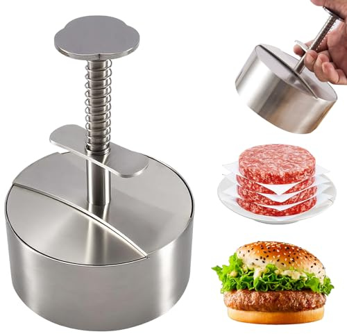 Mulomir 304 Edelstahl Burger Presse, Verstellbarer Hamburger Patty Maker mit 150 Stück Burger-Papier, Robuste Antihaft-Patty-Form für Rindfleisch, Gemüse, Fleisch, BBQ, Partygrill