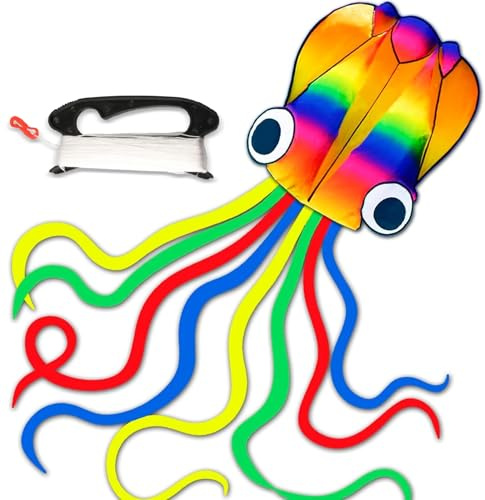 Lotnery Huge Rainbow Octopus Kite for Adults - Easy Fly 4 meter Giant Kite with 100m Line & Hand Reel | Long Tail Beach/Park Flying