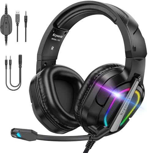 Krysenix PG2 Gaming Headset for PS4, PS5, PC, Xbox One, Switch,Wired Gaming Headphones with Noise Cancelling Microphone, Headset with 3.5mm Jack & LED-Pure Black