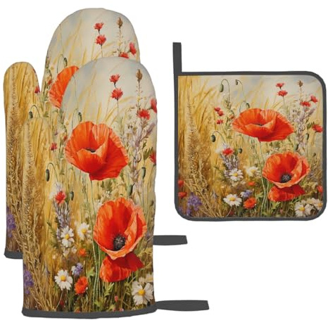 Mexpekil Ensemble de gants de cuisine et maniques - Motif coquelicot vintage - Résistants à la chaleur - Imperméables - Pour la cuisine, la pâtisserie, les grillades, les barbecues