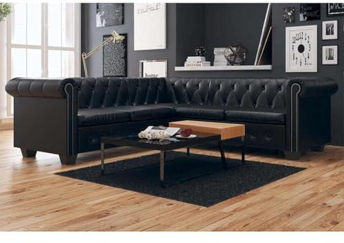YuuSsea Chesterfield Ecksofa 5-Sitzer, Schwarz Kunstleder, L-Form Couch für Wohnzimmer, Robuster Holzrahmen, Bequemes Sitzerlebnis