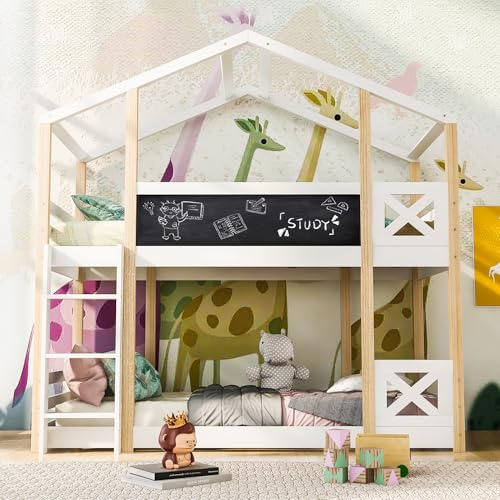 LAKFEW Cama Infantil 90x200 cm para 2 Niños, Litera Infantil con Escalera y Protección Anticaída, Literas Infantiles con 2 Somieres de Láminas, Natural+Blanco, Sin Colchon