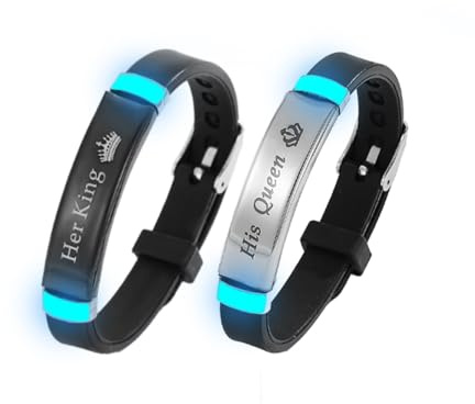 WEIZHUANG 2pcs/set matching couples bracelets his queen her king Grow in the Dark English letter stainless steel silicone bracelet Valentine’s Day gift