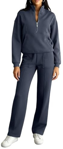 Generisch Tuta da donna, 2 pezzi, con mezza cerniera, a maniche lunghe, maglione e pantaloni larghi, comoda tuta da lounge come set, blu navy, S