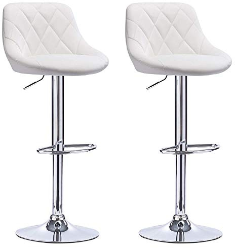 Homewell - Juego de 2 taburetes de bar de PU, regulable en altura y giratorio de 360°, sillas de bar con respaldo y reposapiés, silla alta bar, asiento bar para bar y cocina, color blanco