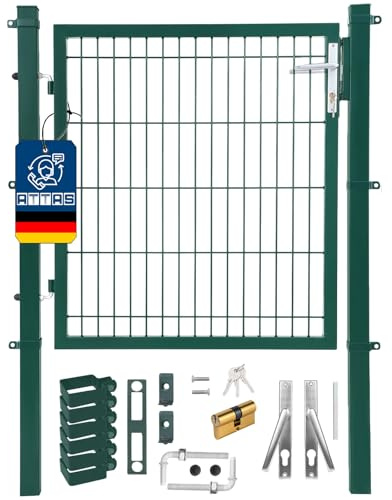 ATTAS Gartentor 100x100 cm | Grün - RAL6005 | Quadratrohr | Gartentür Metall, pulverbeschichtet, abschließbar mit Schloss & 3 Schlüsseln | Zauntor für Doppelstabmattenzaun, Hoftor, Zauntür