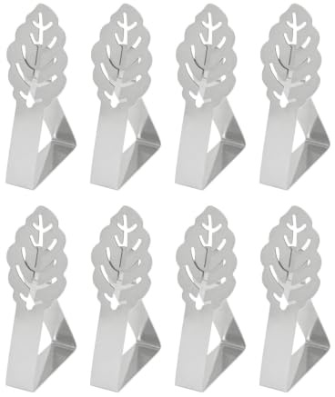 8 Pack Leaf-Shaped Stainless Steel Tablecloth Clips, Windproof Table Holder | Eight leaf-shaped steel clips secure tablecloths against slipping and wind at picnics, parties, camping and outdoor dining
