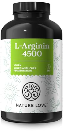 NATURE LOVE® L-Arginin - 365 Kapseln - Hochdosiert: 4500mg HCL (davon 3.750 mg Arginin) je Tagesdosis - In Deutschland produziert, vegan, laborgeprüft
