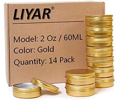 LIYAR 2oz 60ml Metal Storage Tins, Aluminum 2 oz Tins Jars Round Tin Containers, Empty Salve Jars Screw Top Tin Cans for Store Spices,Candies,Tea or Gift Giving,Gold(Pack of 14)
