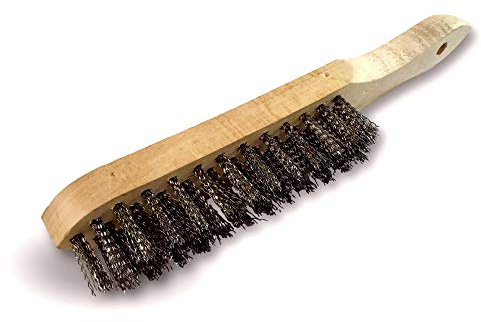 Brosse métallique à main professionnelle | 4 rangs fils durs | Acier rond laitonné | Manche bois | Sortie du fil 30 mm | 29 * 3,5 cm | Kibros 7404b