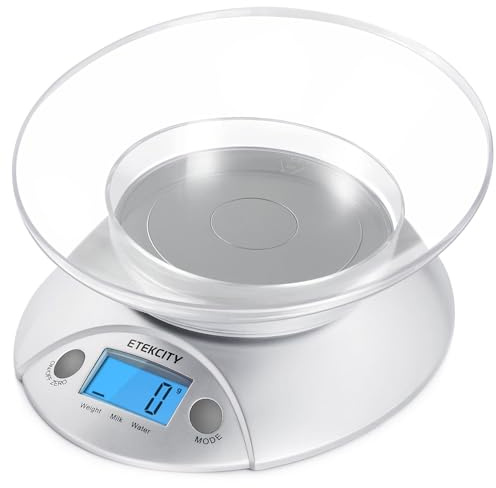 Etekcity Food Kitchen Scale With Bowl, Digital Ounces and Grams for Cooking, Baking, Meal Prep, Dieting, and Weight Loss, 11lb/5kg, Backlit Display