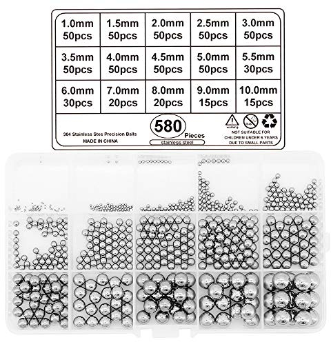 Yuhtech 580 pezzi 15 sfere in acciaio inossidabile per cuscinetti, sfere di precisione 1mm-10mm per ruota di bicicletta, cuscinetti per skateboard