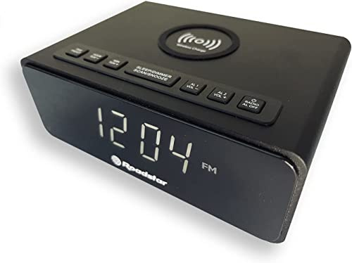 Roadstar CLR-700QI radioväckarklocka med LCD-skärm, QI för trådlös laddning av dina enheter, två väckarklockor och sömntimer, 10 stationers minne, radiomotor, svart