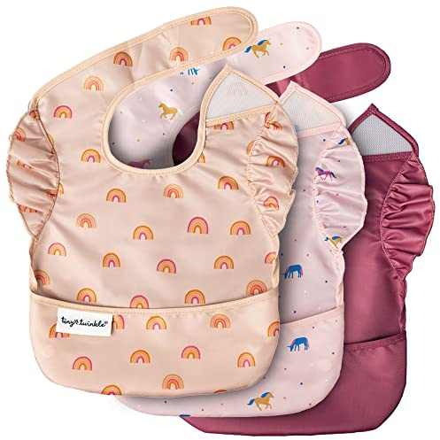 Tiny Twinkle Mess-Proof Baby Bibs for Eating | Waterproof, Wipeable Toddler Bibs with Catch-All Pocket | Feeding Bibs for Girls & Boys(3 Pack,Unicorn)