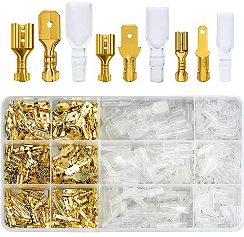 Kabelschuhe Set, THETAG 480 Stück Flachsteckhülsen Flachstecker Quetschverbinder Anschlussklemmen Kits Kabelsteckschuhe Kit 2,8 mm 4,8 mm 6,3 mm (Gold)