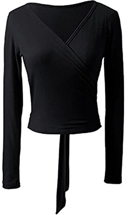 FEESHOW Damen Wickeljacke Ballettjacke Bolero Langarm Kurzarm Wickel Tops Schulterjacke Tanz Sport Dancewear Schwarz C M
